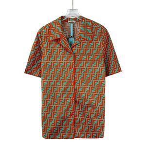 FENDI FF Logo Print Cotton Short Sleeve Button Down Shirt Size 40 Turquoise & Or